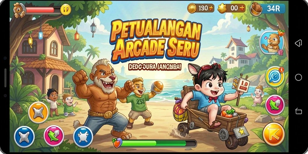 Tangkapan layar utama 34R menampilkan aksi gameplay Arcade yang seru.