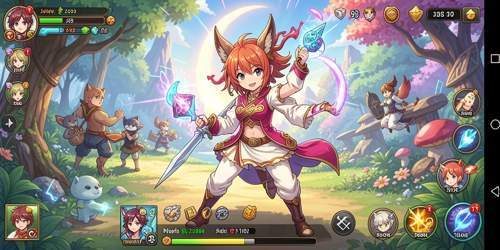 Tampilan gameplay dari <strong>JAVO88</strong> yang menampilkan karakter anime dan dunia fantasi.