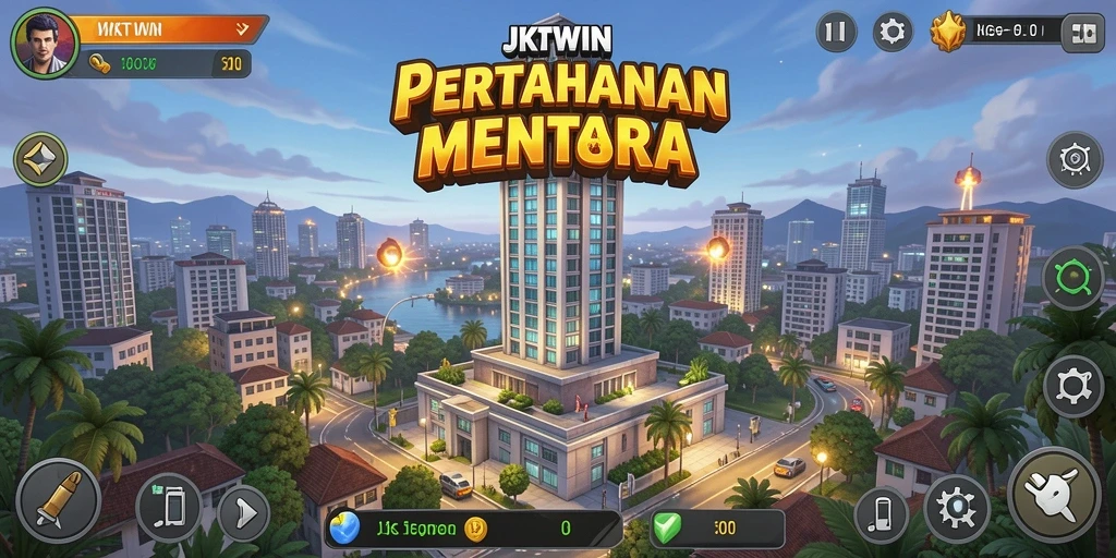 Tampilan gameplay JKTWIN yang menampilkan menara pertahanan yang strategis.