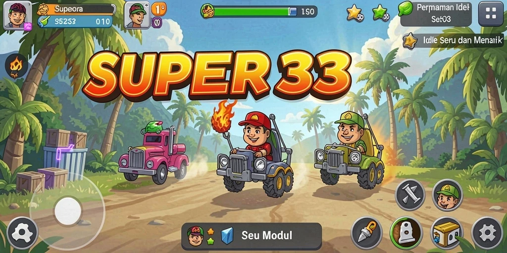 Screenshot gameplay <strong>SUPER33</strong> menunjukkan karakter yang sedang bekerja dan menghasilkan sumber daya.