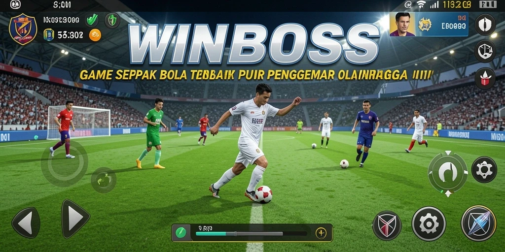Screenshot utama WINBOSS menampilkan momen seru pertandingan sepak bola.